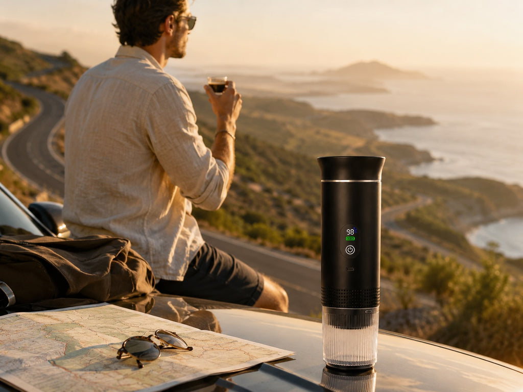 Détail de la machine à café portable auto-chauffante Bien Brûlé avec écran digital